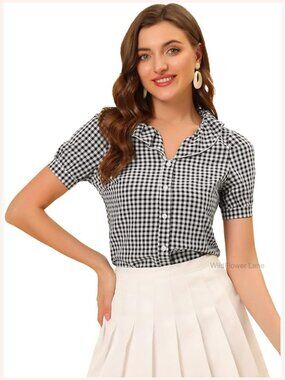 Plaid Puff Sleeve Peter Pan Collar Blouse Button Down Shirt Top